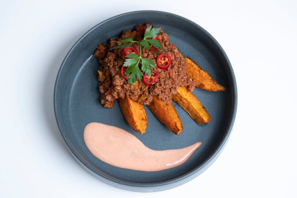 Loaded Chili Beef on Sweet Potato Wedges Meal Nude Food Ireland