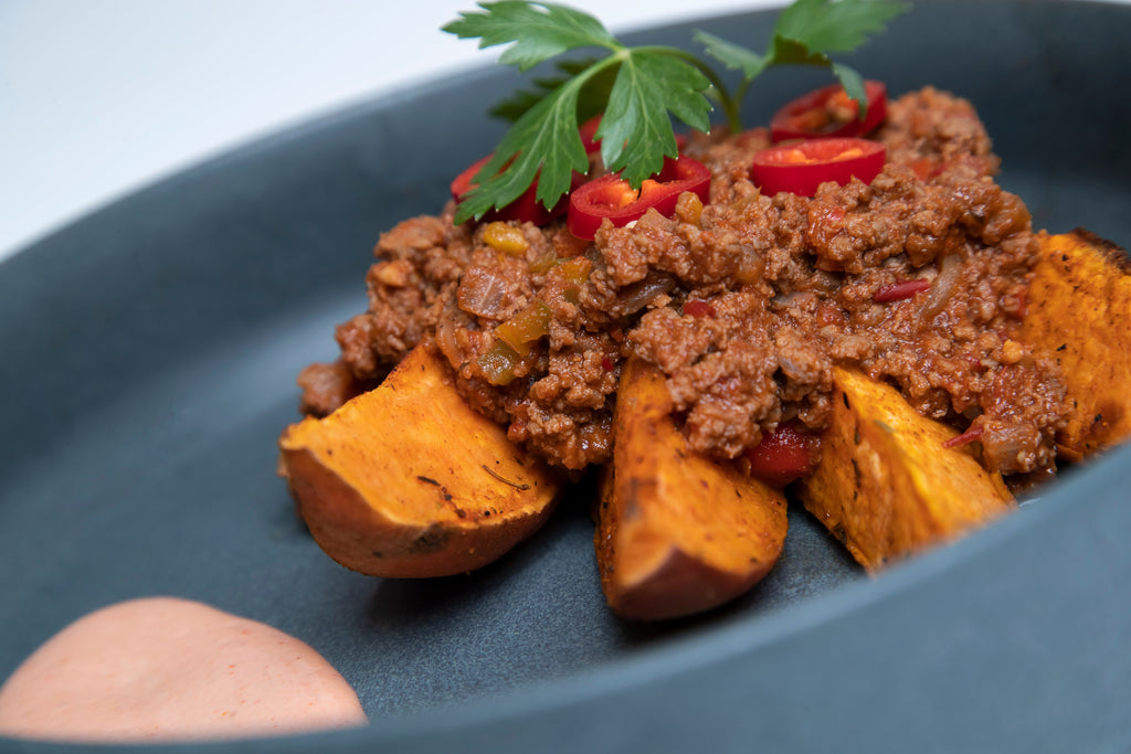 Loaded Chili Beef on Sweet Potato Wedges Meal Nude Food Ireland